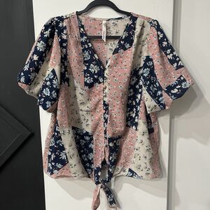 Puff Sleeve Button Up Floral Patchwork Blouse Cottage Size Medium